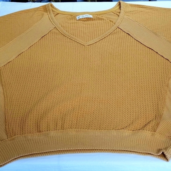 We the Free Yellow Mustard Loose Fit Deep V-neck Waffle Knit Longsleeve Top, S - Picture 5 of 10